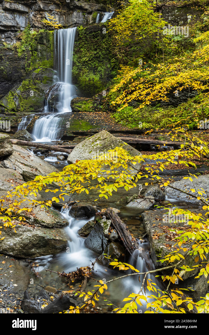 The waterfalls known as the Cow Sheds on a calm stream in Fillmore Glen