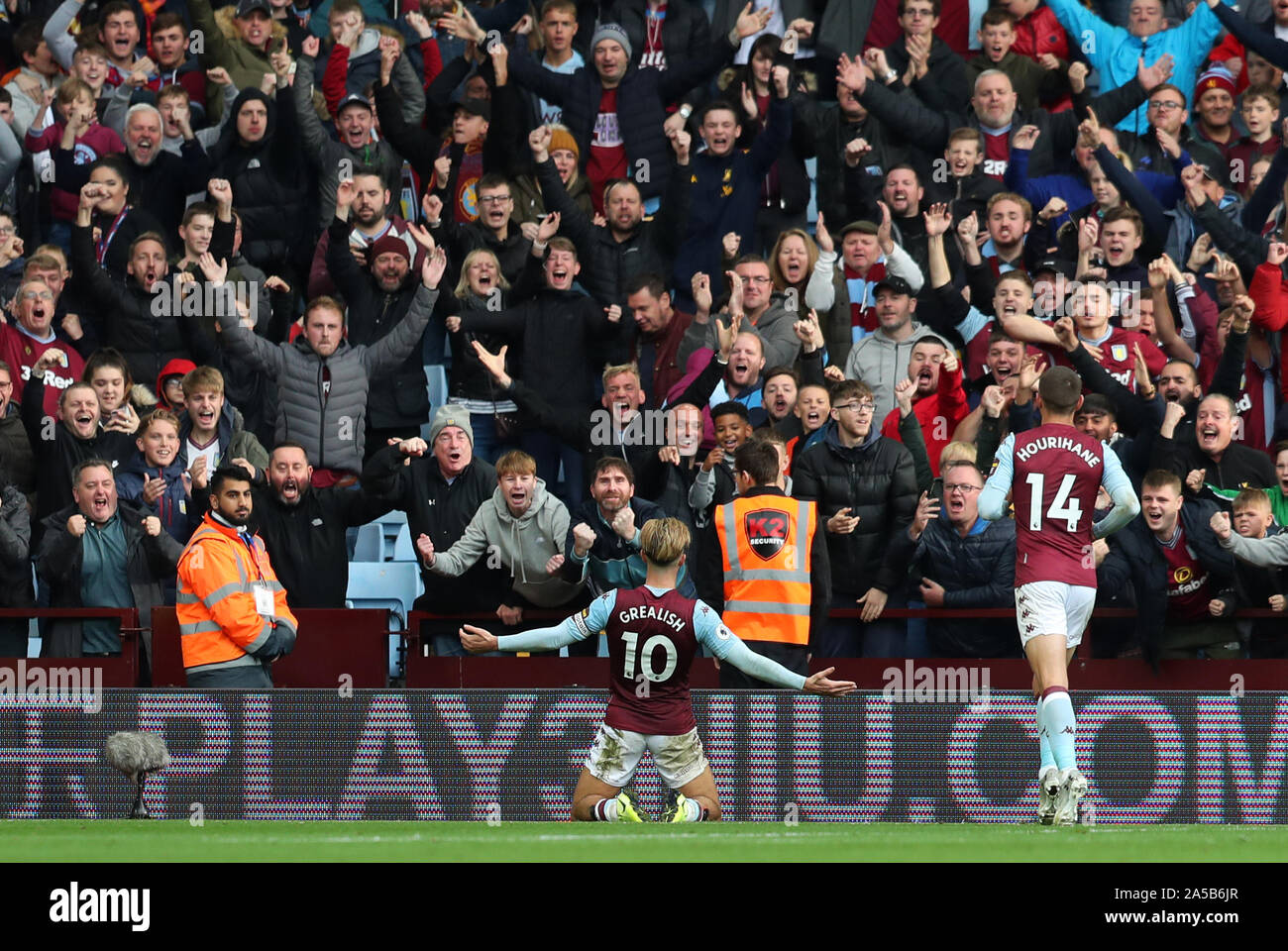 Villa Park, Birmingham, Midlands, UK. 19th Oct, 2019. English Premier League Football, Aston Villa versus Brighton and Hove Albion; Jack Grealish of Aston Villa celebrates his 43rd minute equalising goal in front of the Holte End fans - Strictly Editorial Use Only. No use with unauthorized audio, video, data, fixture lists, club/league logos or 'live' services. Online in-match use limited to 120 images, no video emulation. No use in betting, games or single club/league/player publications Credit: Action Plus Sports/Alamy Live News Stock Photo