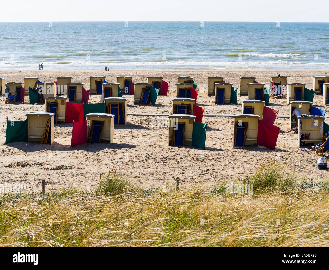 Beach buts on a summer day at the North Sea beach at Domburg, Netherlands. Stock Photo