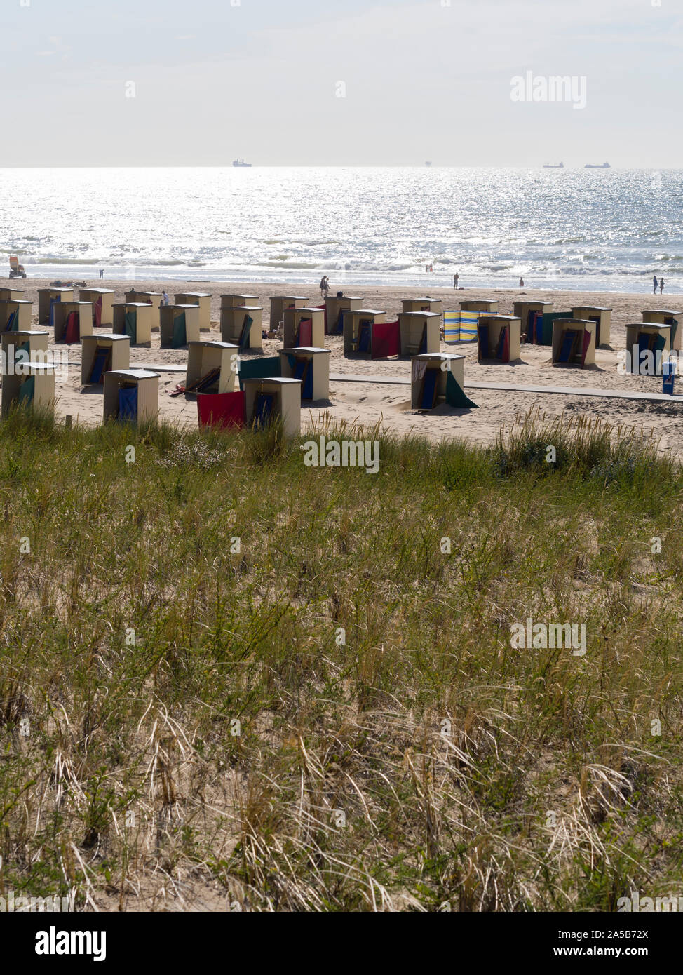 Beach buts on a summer day at the North Sea beach at Domburg, Netherlands. Stock Photo