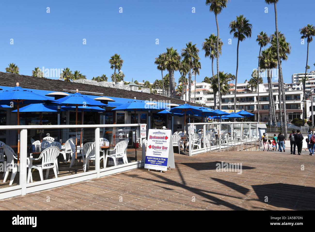 SAN CLEMENTE, CALIFORNIA - 18 OCT 2019: The Fishermans Restaurant and Bar on the pier in the south Orange County beach town. Stock Photo