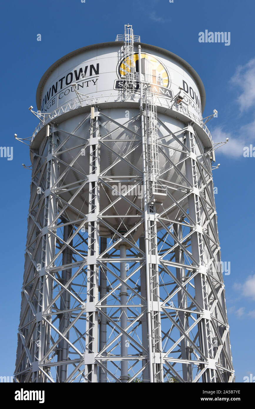 SANTA ANA, CALIFORNIA - 14 OCT 2019: The Historic Santa Ana Water Tower. Built in 1928, it 153 feet tall and holds 1 million gallons of water, to serv Stock Photo