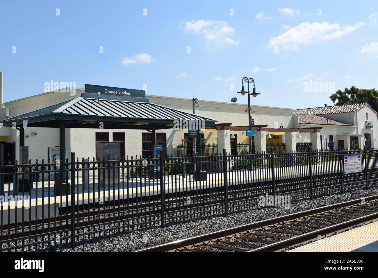 ORANGE, CALIFORNIA - 14 OCT 2019: The Orange Train Station serves Metrolink trains as well as Orange County Transportation Authority buses. Stock Photo