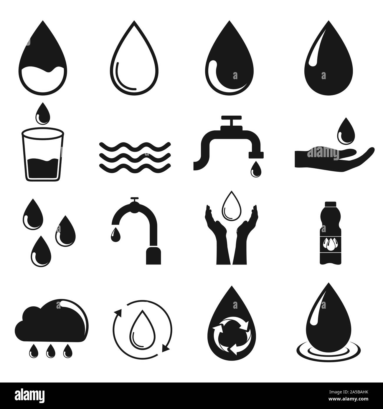 Water icons set isolated on white background. Black. such as water drop, treatment, sewage, recycle, fresh, save. Vector illustration Stock Photo