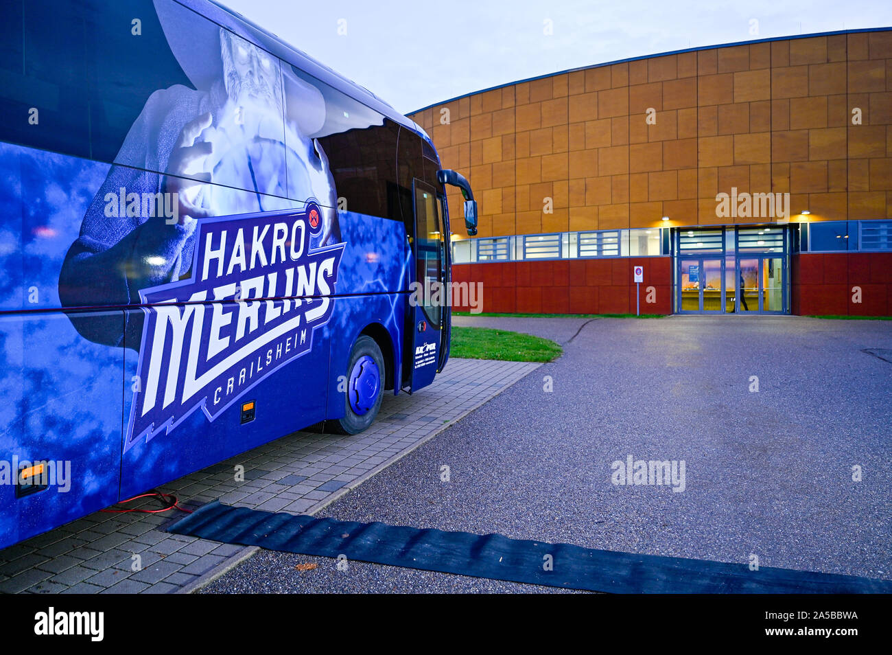 Ilshofen, Germany. 19th Oct, 2019. Basketball: Bundesliga, Hakro Merlins  Crailsheim - BG Göttingen, main round, 4th matchday, in the Arena  Hohenlohe. The team bus of the Hakro Merlins Crailsheim stands in front