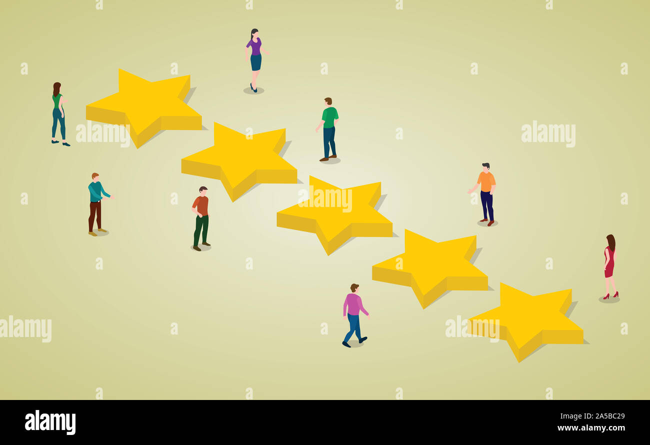 five star customers rating with people and star with modern isometric ...