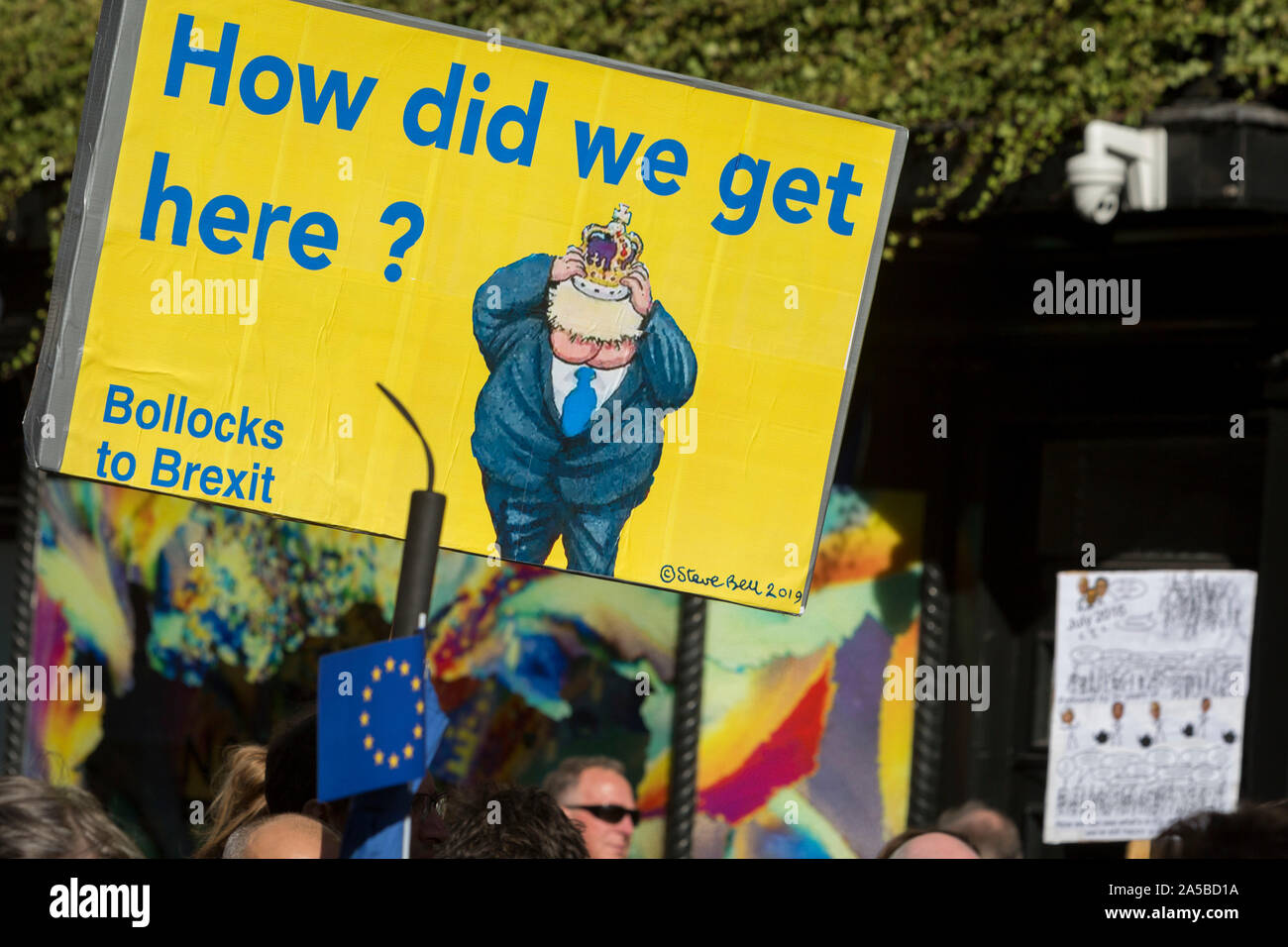 On the day that Members of Parliament sat on a Saturday (the first time in 37 years and dubbed 'Super Saturday') in order to vote for Prime Minister Boris Johnson's Brexit deal with the EU in Brussels, a million Remainers (according to organisers) marched through the capital to voice their opposition to a Brexit and calling for a peoples' Vote, on 19th October 2019, in London, England. Stock Photo