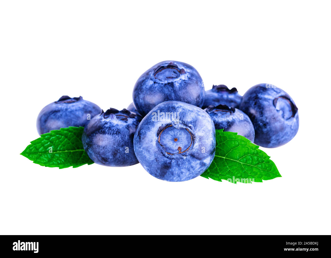 Blueberry. Heap of blueberries with mint leaf on white. Image included clipping path Stock Photo