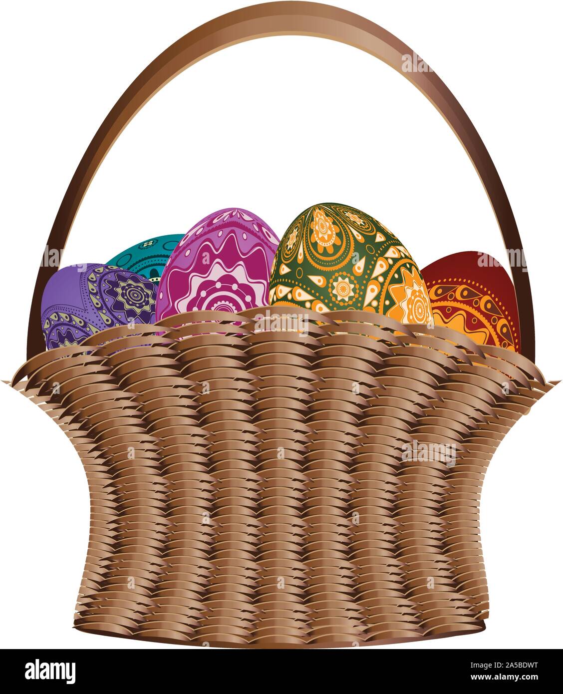 Woven basket with colorful easter eggs on white background. Stock Vector