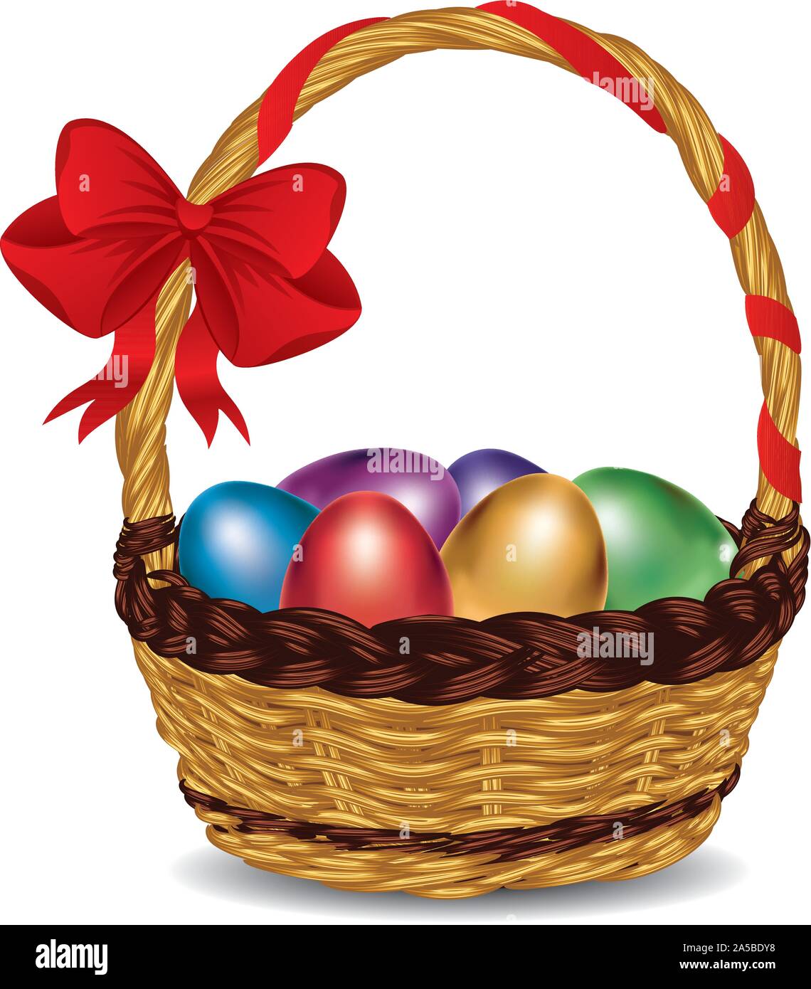 Wicker basket with glossy Easter eggs and a red bow. Stock Vector