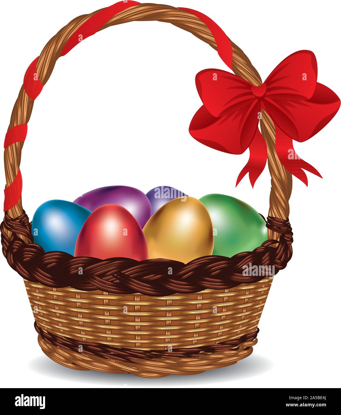 Wicker basket with glossy Easter eggs and a red bow. Stock Vector