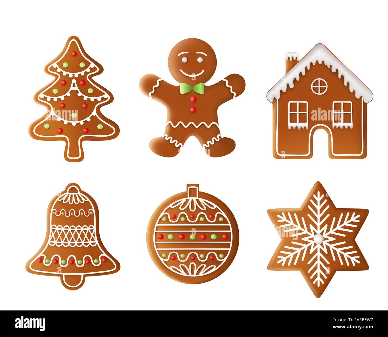 christmas tree, man, house, bell, ball and star gingerbread illustration Stock Vector