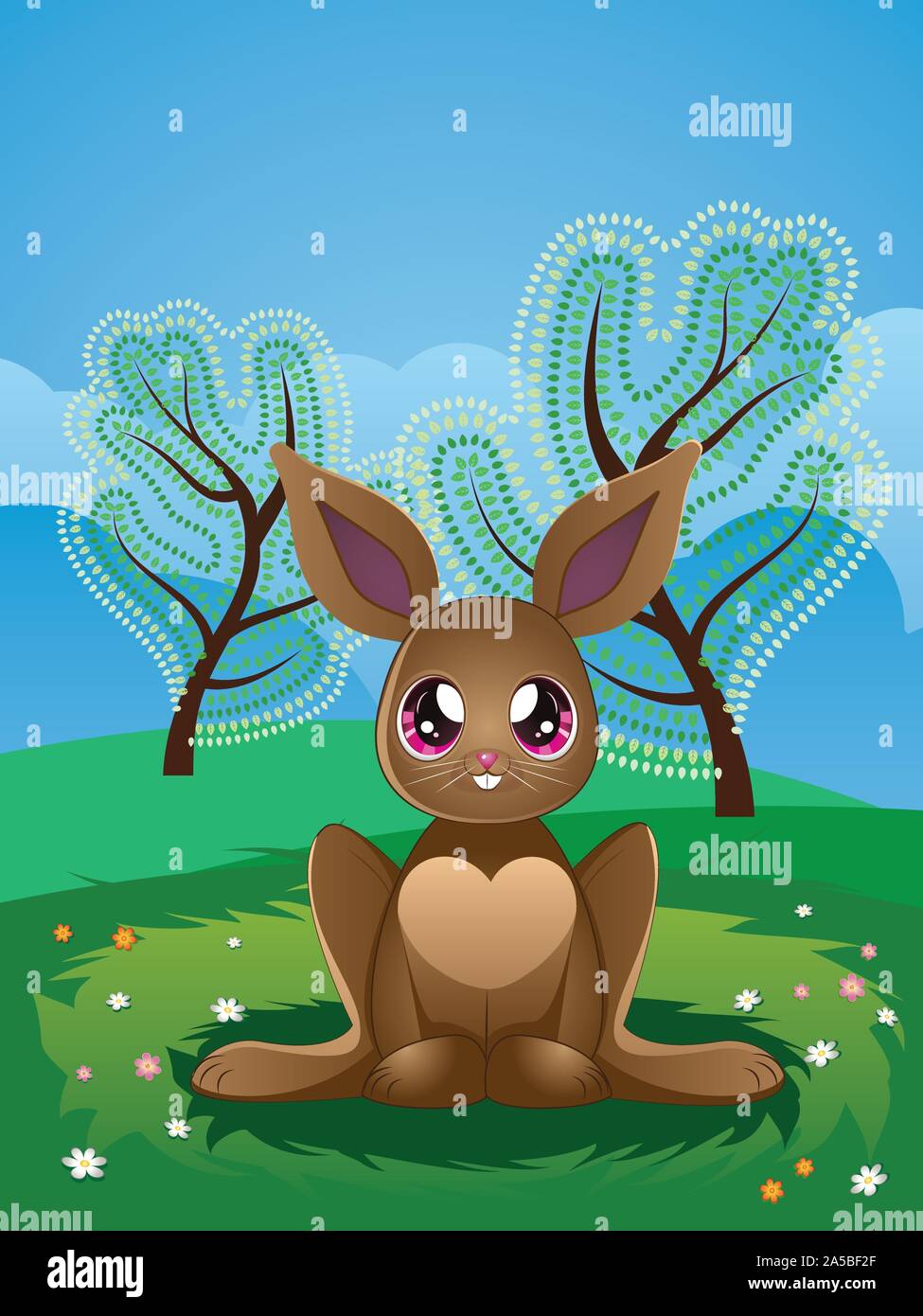Cute cartoon brown rabbit on spring lawn with flowers Stock Vector ...