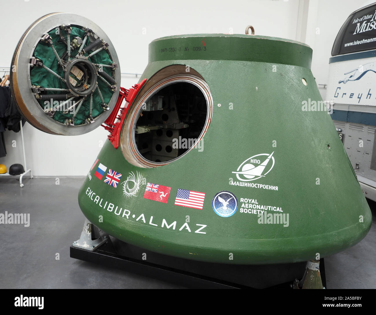 The Excalibur Almaz space capsule that it was hoped could take tourists into space. The Isle of Man Motor Museum Stock Photo