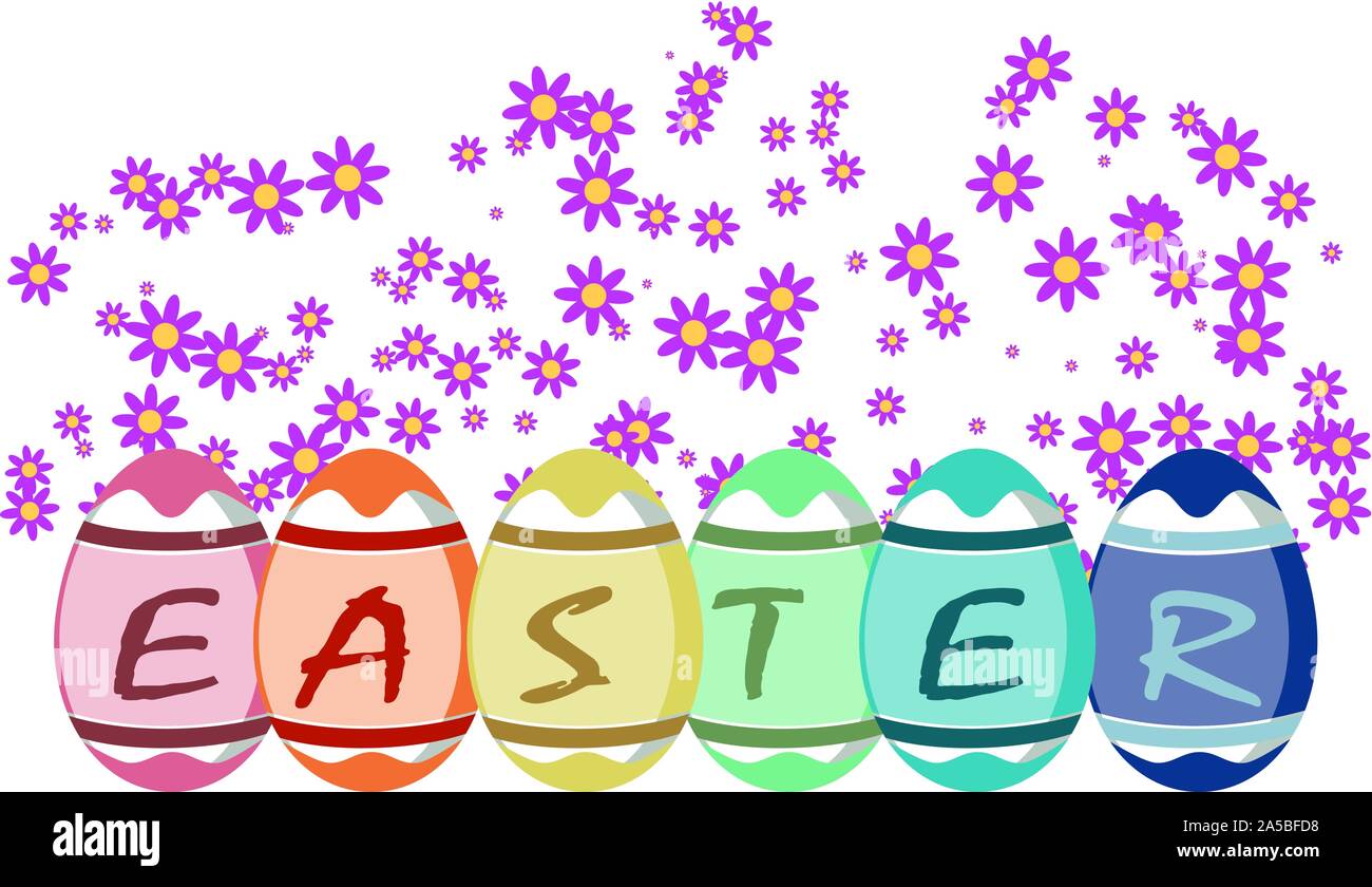 Multi colored Easter eggs with letters, word Easter on eggs. Stock Vector