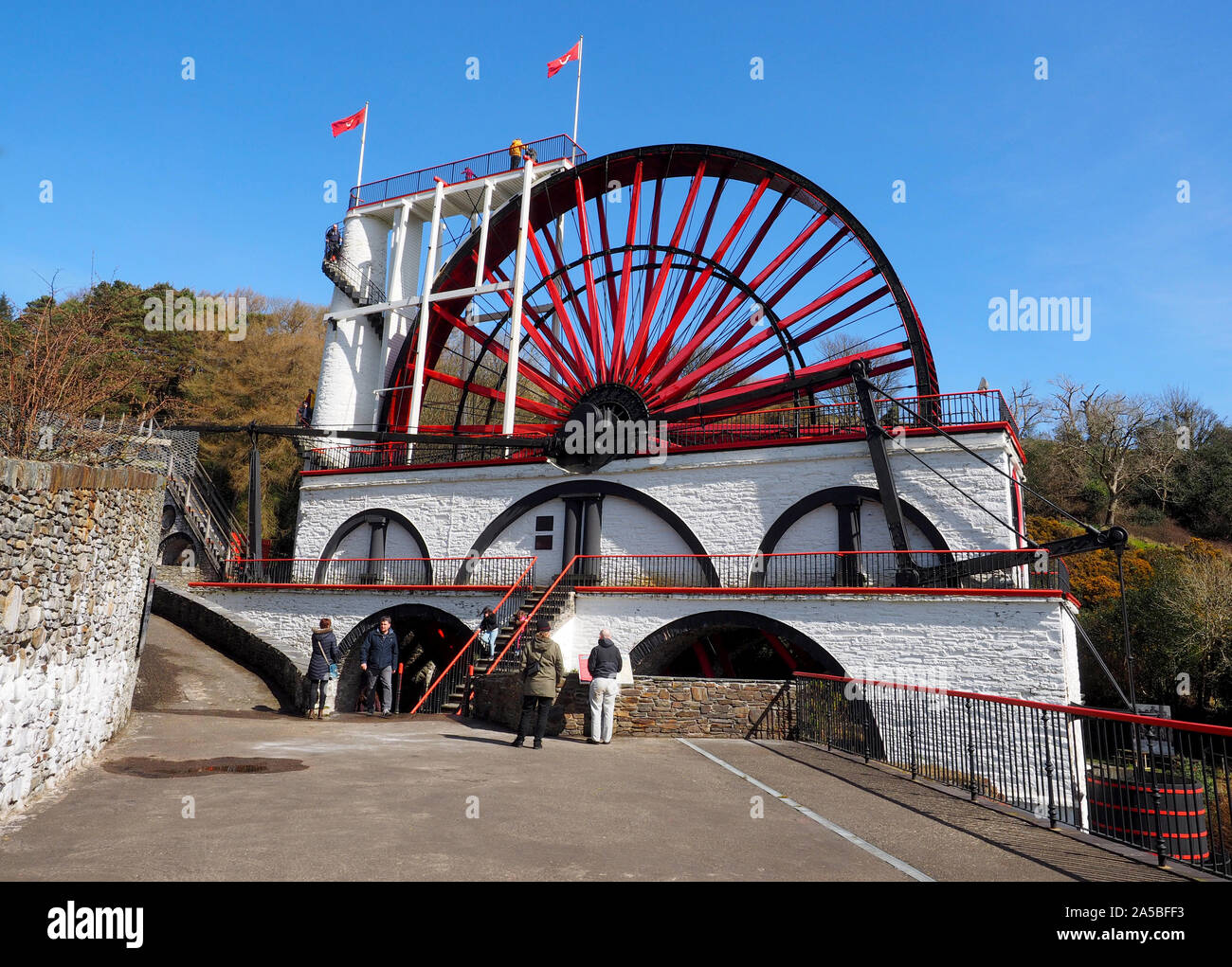 Laxey Wheel, Laxey, Isle of Man, UK, The Laxey Wheel built into the hillside above the village of Laxey, the largest working waterwheel in the world. Stock Photo