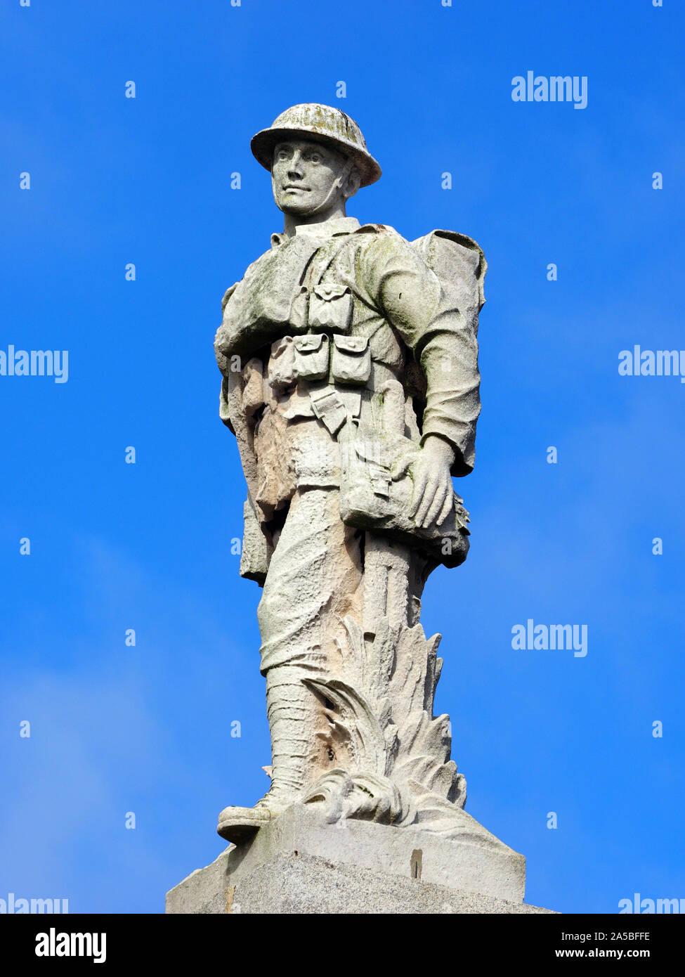Statue of a soldier at the top of the war memorial on the seafront at Douglas, Isle of Man. U.K. Stock Photo