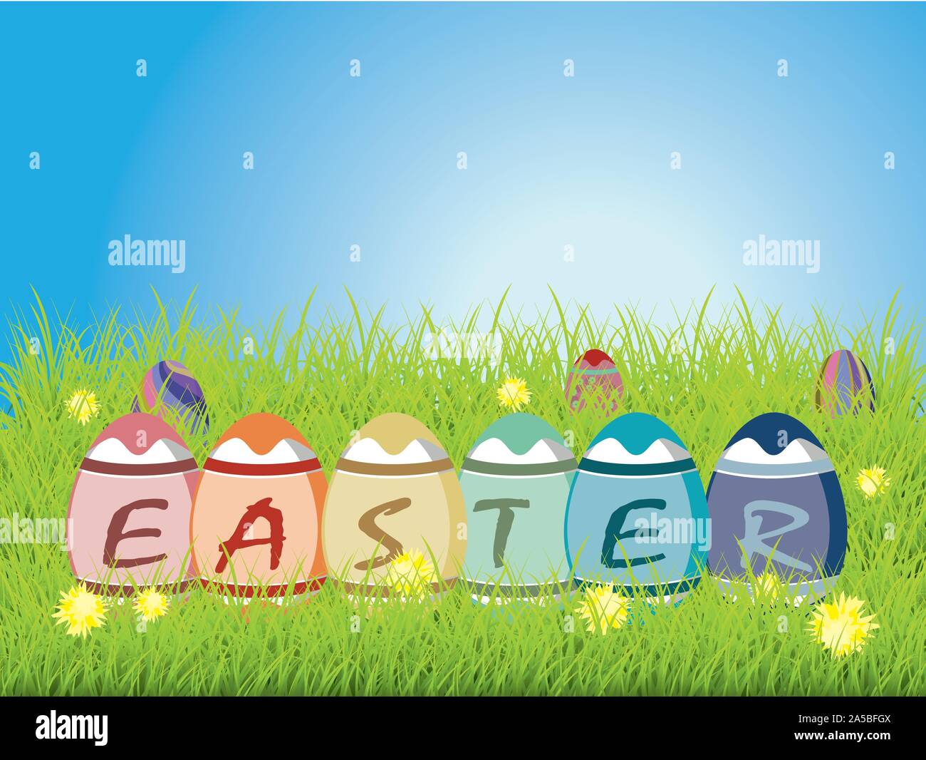 Multi colored Easter eggs with letters, word Easter on eggs. Stock Vector