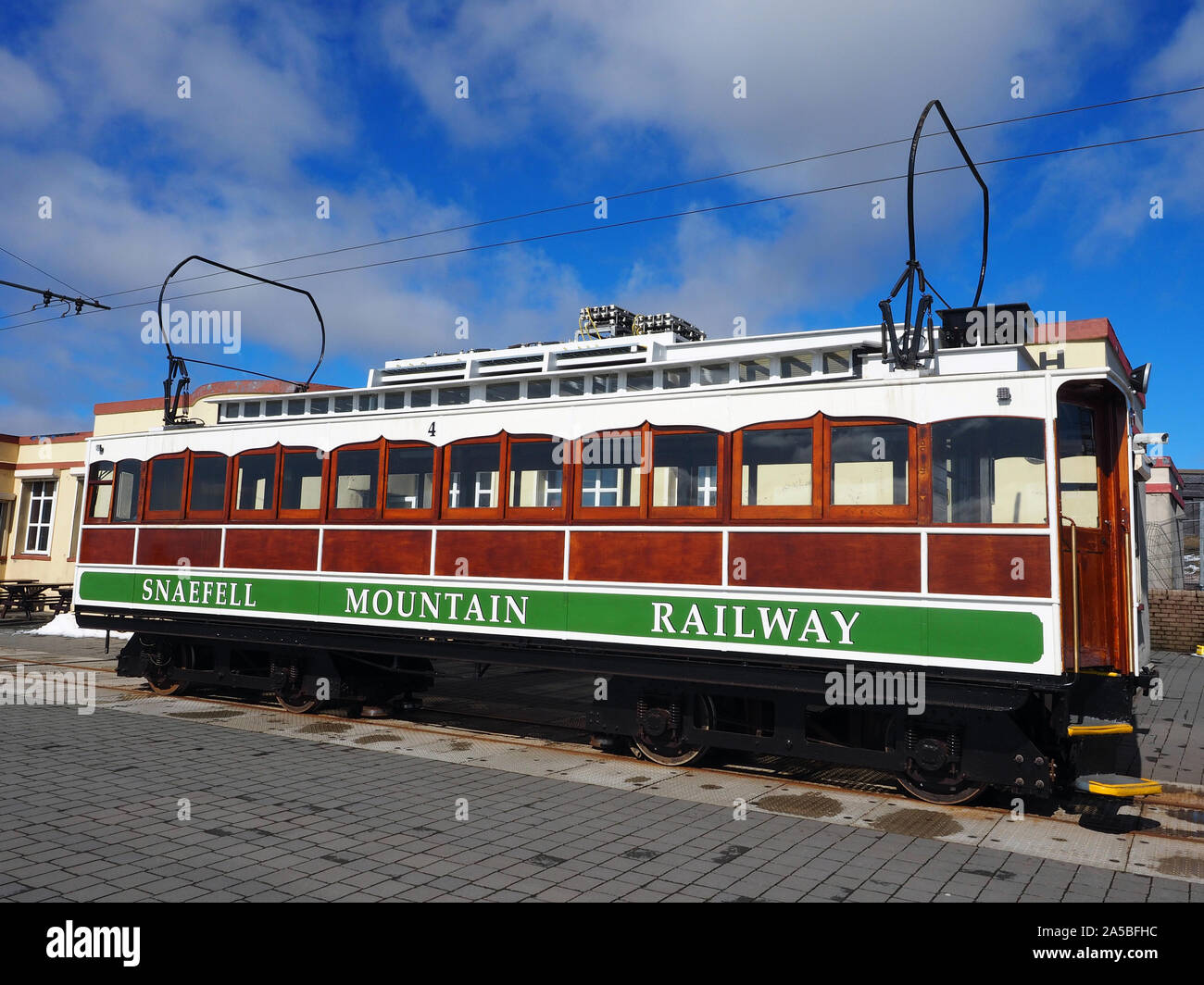 Snaefell Mountain Railway car at Snaefell station, Isle of Man, UK Stock Photo
