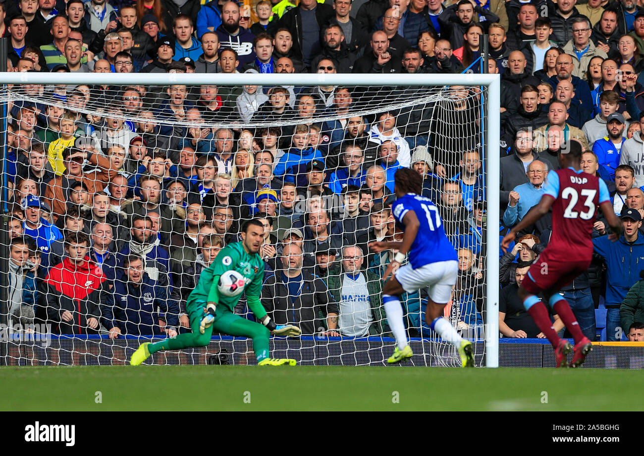 19th October 2019, Goodison Park, Liverpool, England; Premier League, Everton v West Ham United : Roberto Jimenez(13) of West Ham United saves from Alex Iwobi (17) of Everton Credit: Conor Molloy/News Images Stock Photo