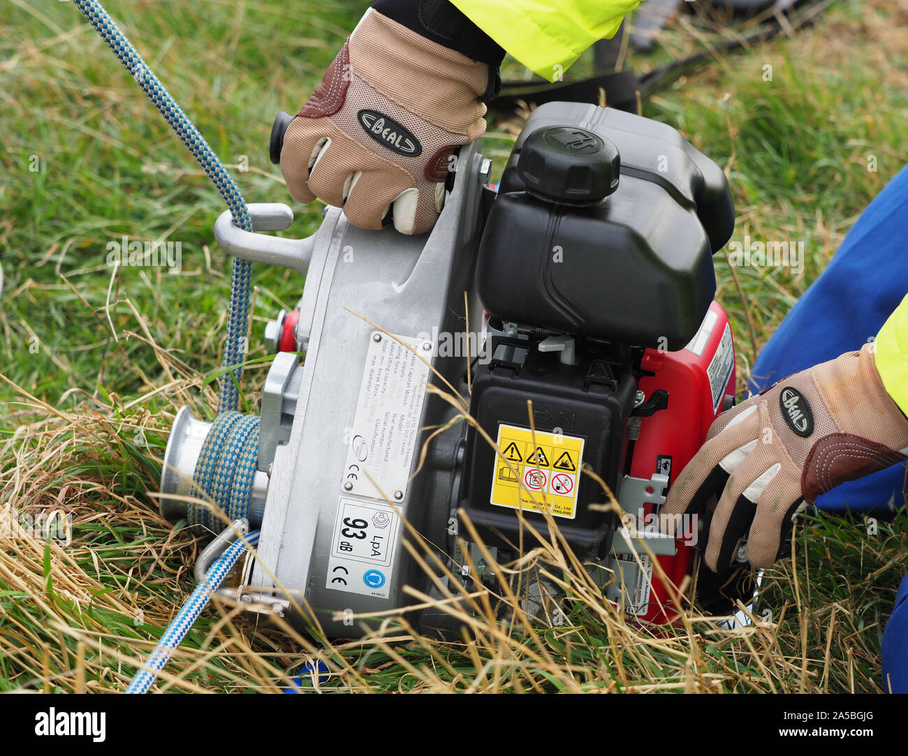 Coastguard portable winch used to pull casualties up a cliff during a rescue. UK Stock Photo