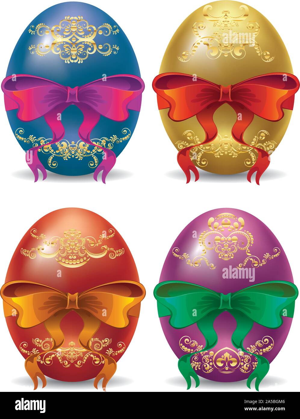 Colorful Easter eggs with festival bows on white background Stock ...