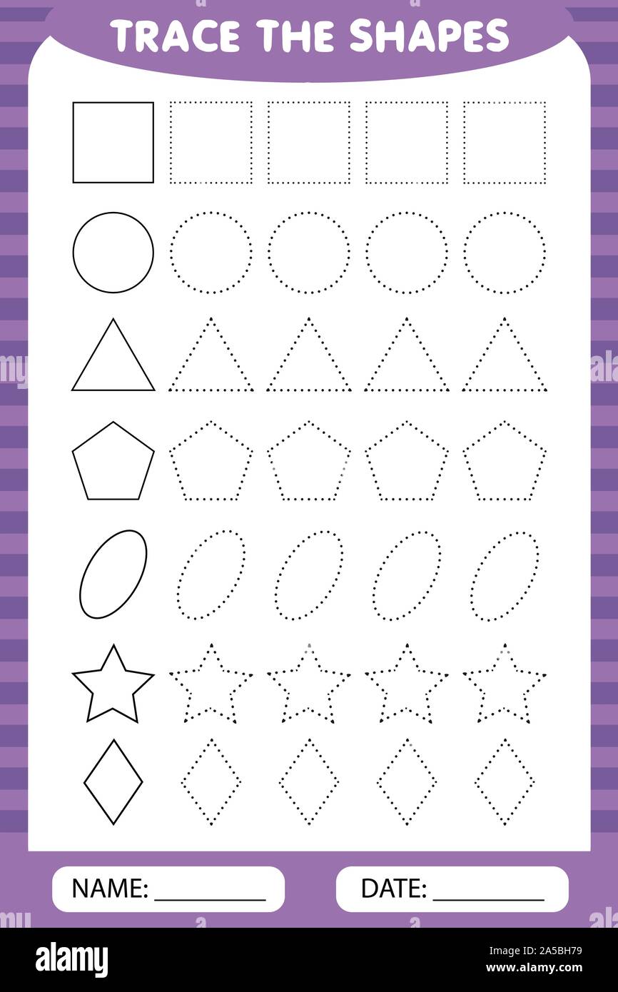 learning for children, drawing tasks. simple lesson figures. trace the geometric shapes around the contour - circle, square, rhombus, triangle, oval, Stock Vector