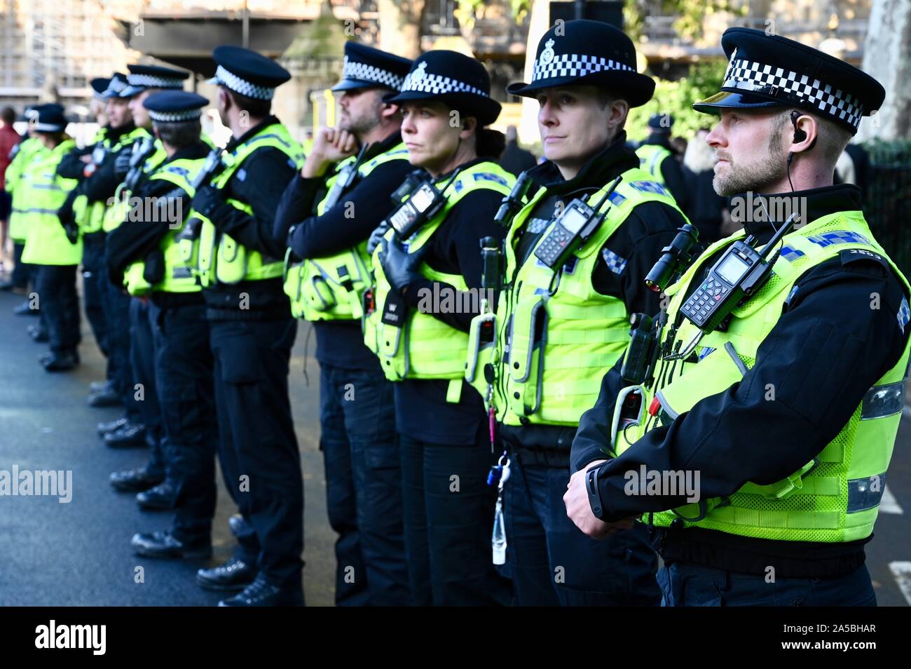 Police Line. People's Vote March. Close to one million Anti-Brexit protesters marched on Parliament to demand a second referendum.Palace of Westminster, London. UK Stock Photo