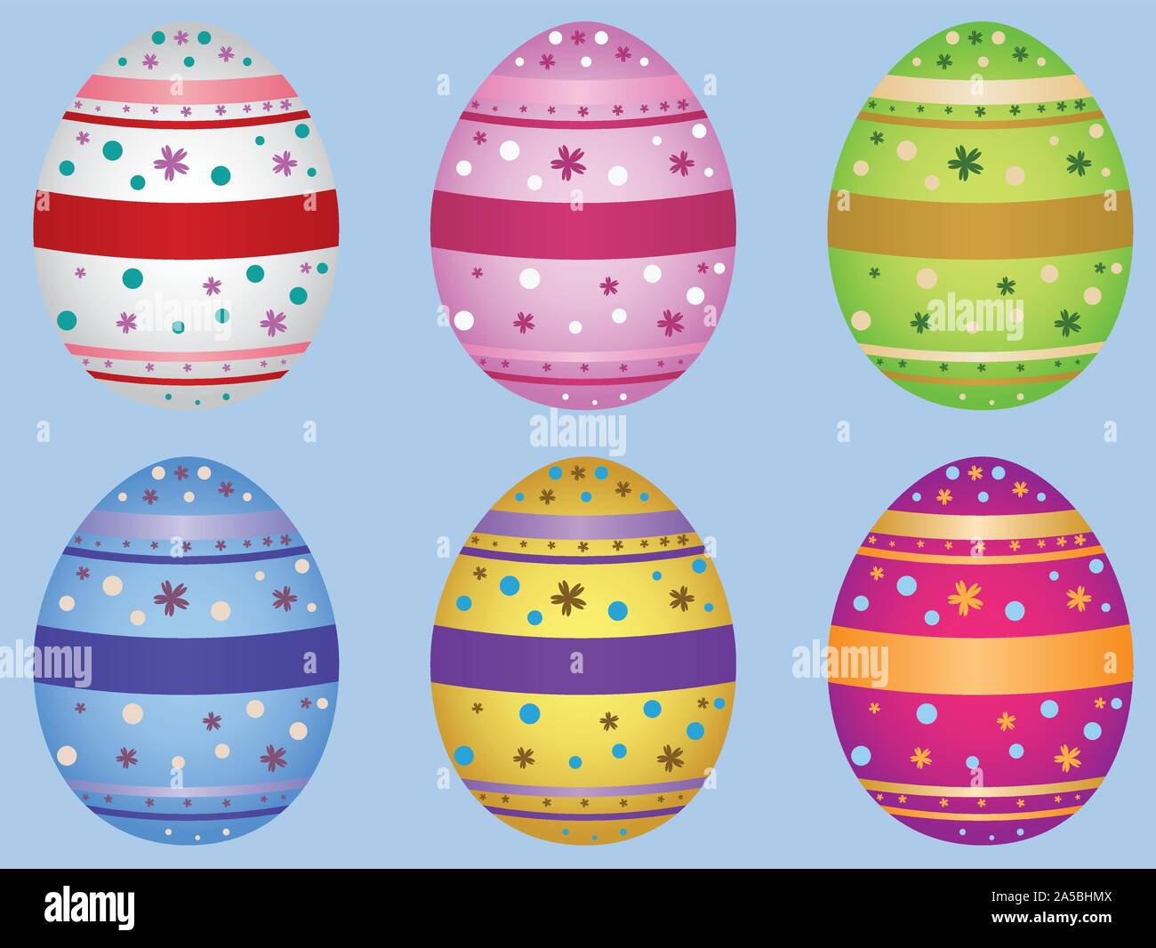 Colorful decorative Easter eggs on light blue background. Stock Vector