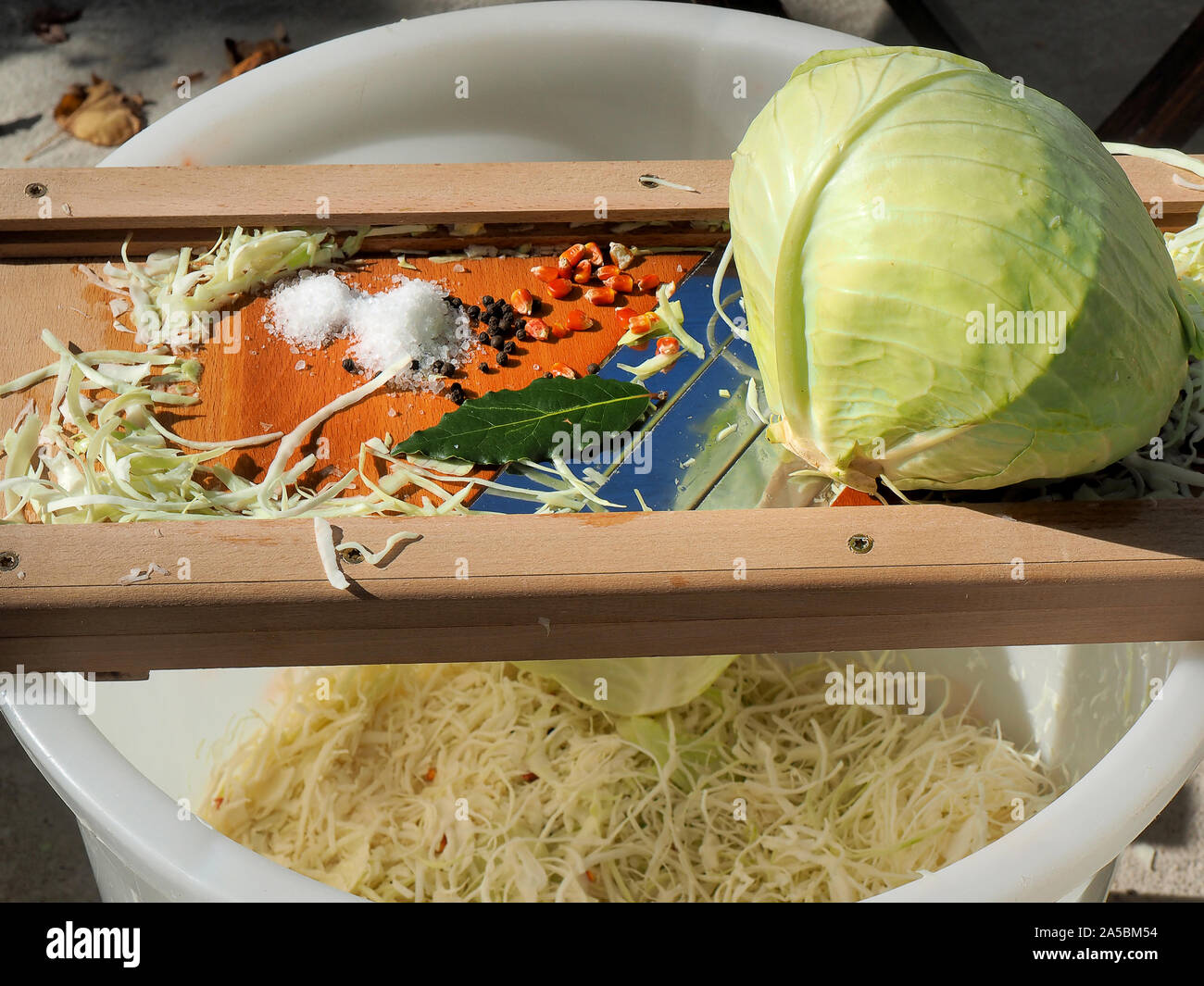 old traditional way of producing sauerkraut at home Stock Photo