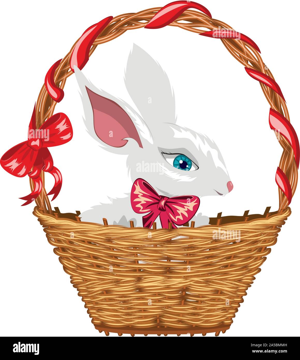 Cute white Easter bunny in basket with red bow. Stock Vector