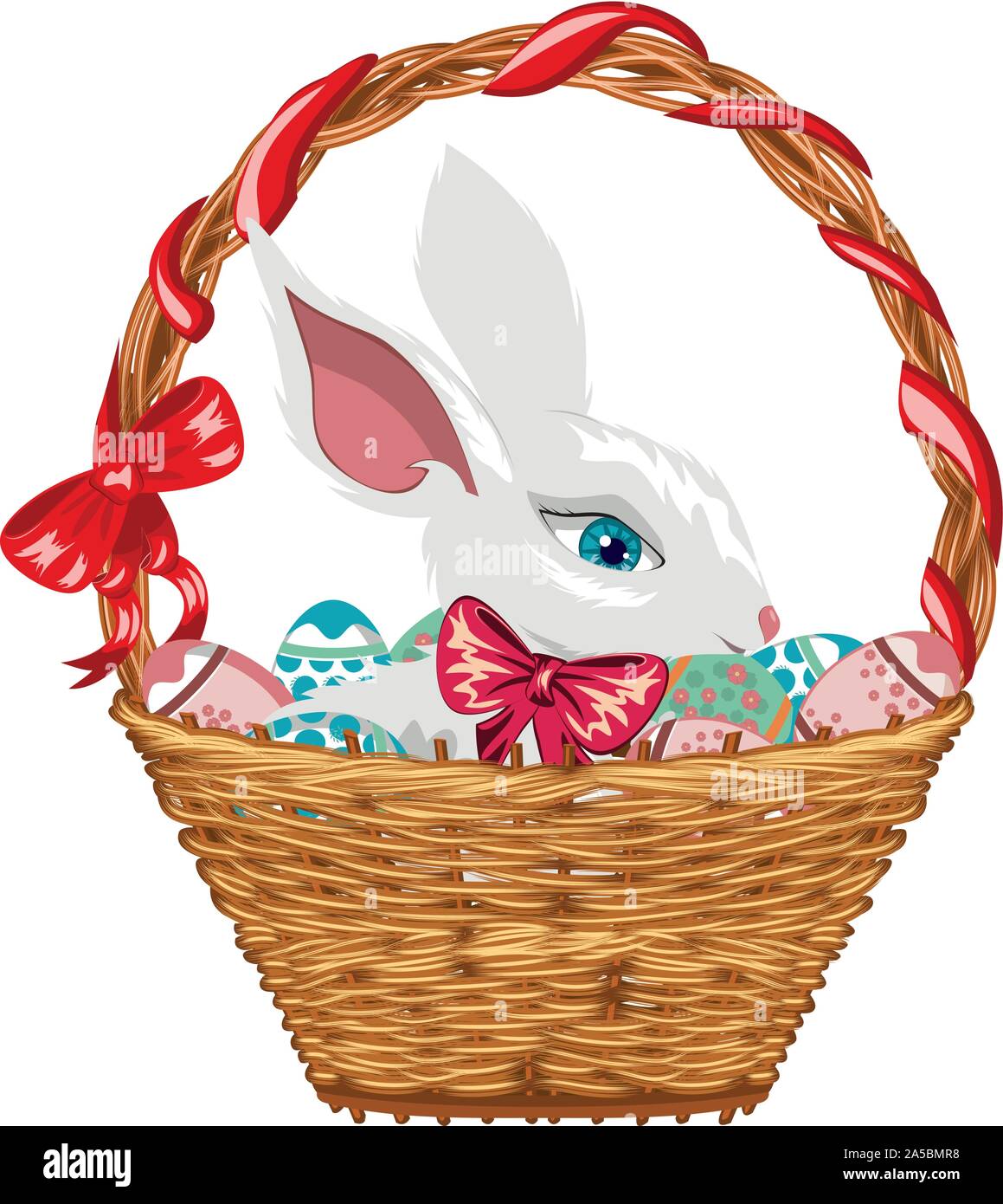 Cute white Easter bunny in basket with red bow. Stock Vector