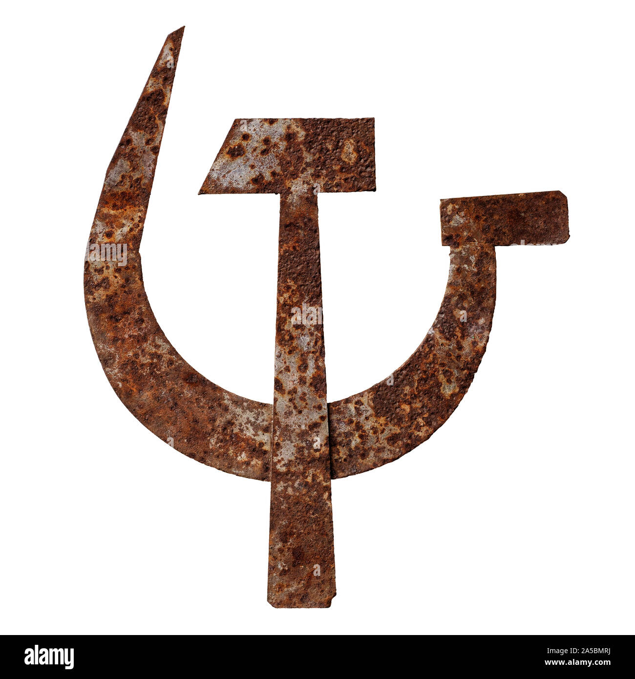 Isolated objects: crossed metal hammer and sickle, old rusty symbol of communism, on white background Stock Photo