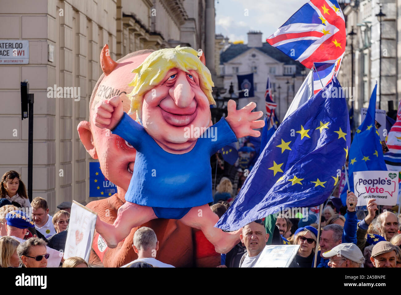 London, UK. 19th October 2019. Boris Johnson puppet is paraded along route of People's March in central London Stock Photo