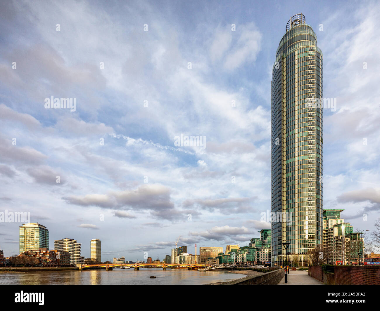 St George Wharf Tower, also known as the Vauxhall Tower, is a residential skyscraper in Vauxhall, London, and part of the St George Wharf development. Stock Photo
