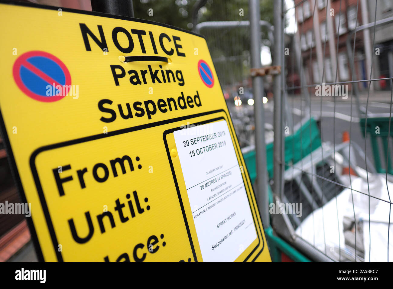 Parking bay suspended notice in central London 2019 Stock Photo