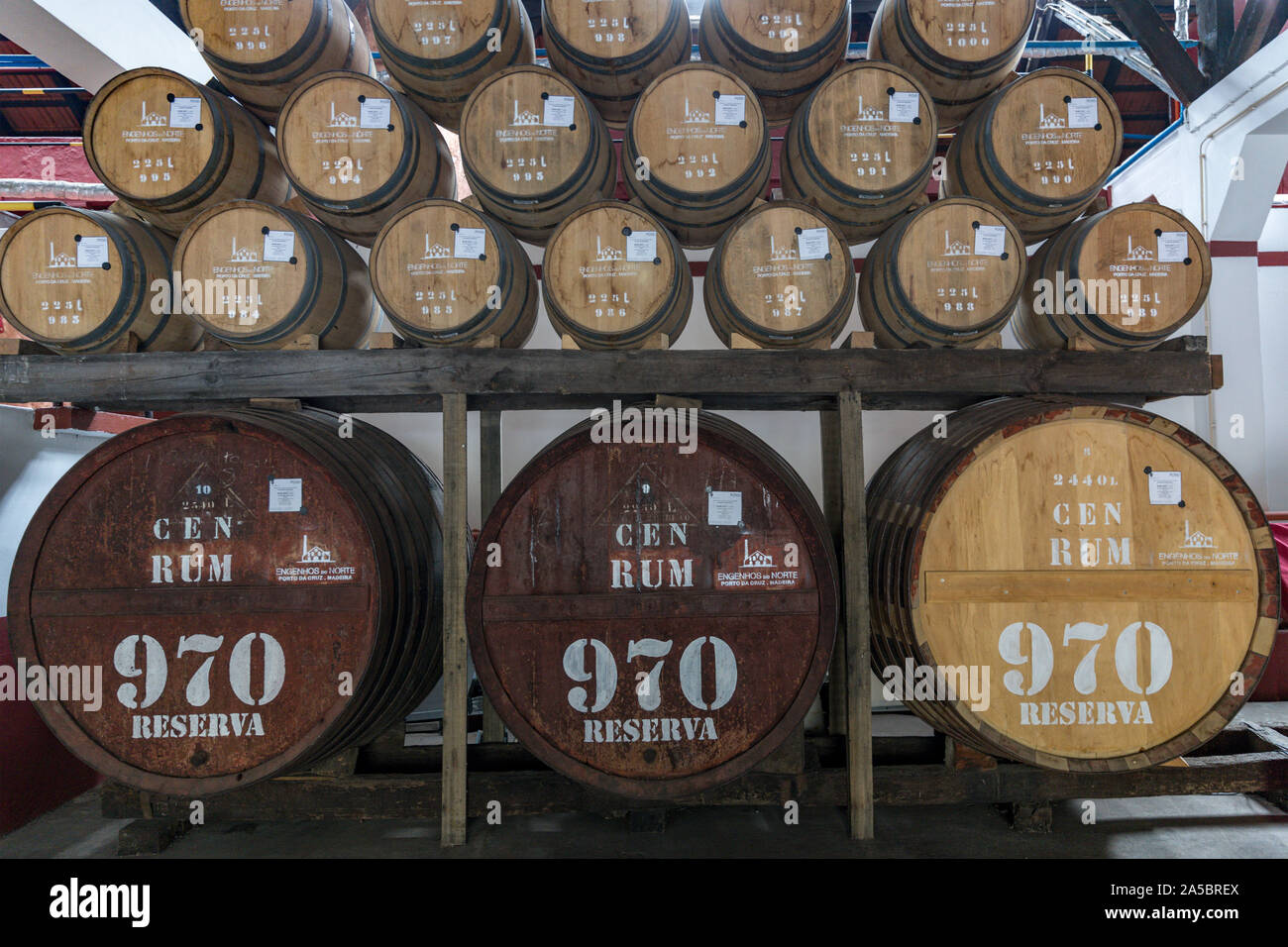 Traditional rum barrels at North mills Distillery, Porto da Cruz