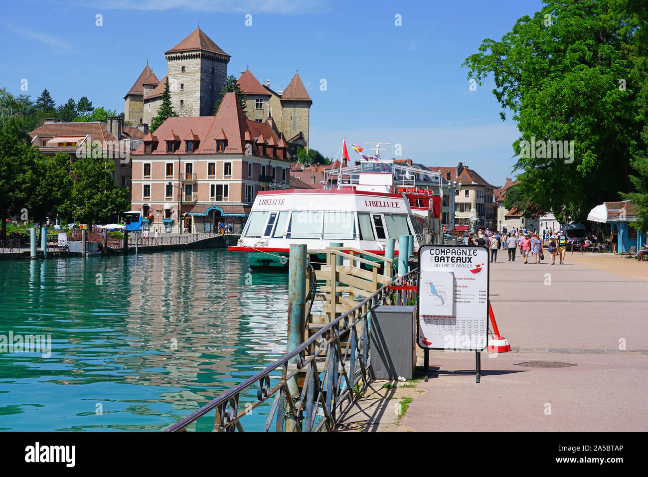 ANNECY, FRANCE -24 JUN 2019- View of the Libellule boat on the lake in the Old Town in Annecy, Haute Savoie, France. Stock Photo