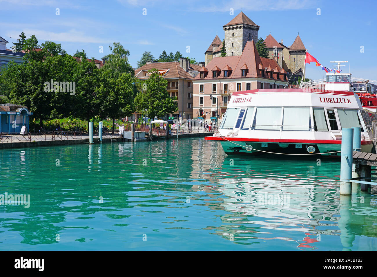 ANNECY, FRANCE -24 JUN 2019- View of the Libellule boat on the lake in the Old Town in Annecy, Haute Savoie, France. Stock Photo