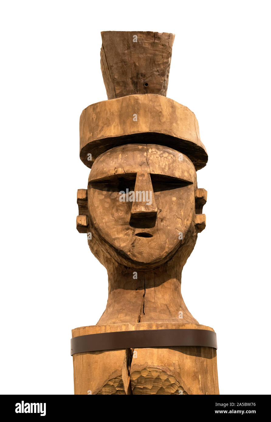 Head of a replica Rewe (or Rehue or Kemukemu), a type of carved pillar-like sacred altar used by the Mapuche of Chile in many of their ceremonies, National History Museum, Santiago, Chile, South America Stock Photo