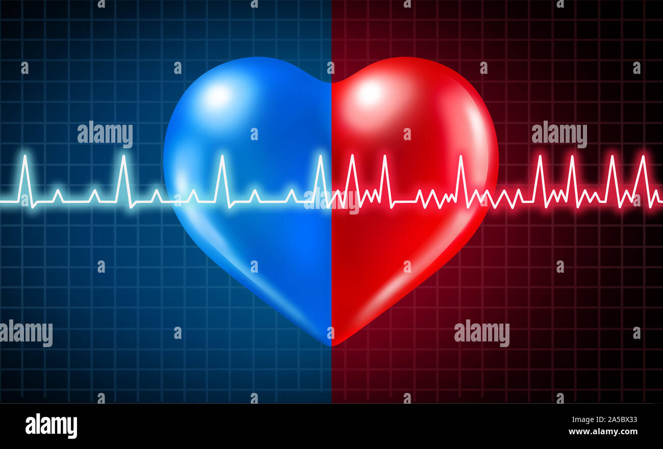Atrial fibrillation medical condition and normal or abnormal heart rate rythm as a cardiac disorder with healthy and unhealthy ecg monitoring. Stock Photo