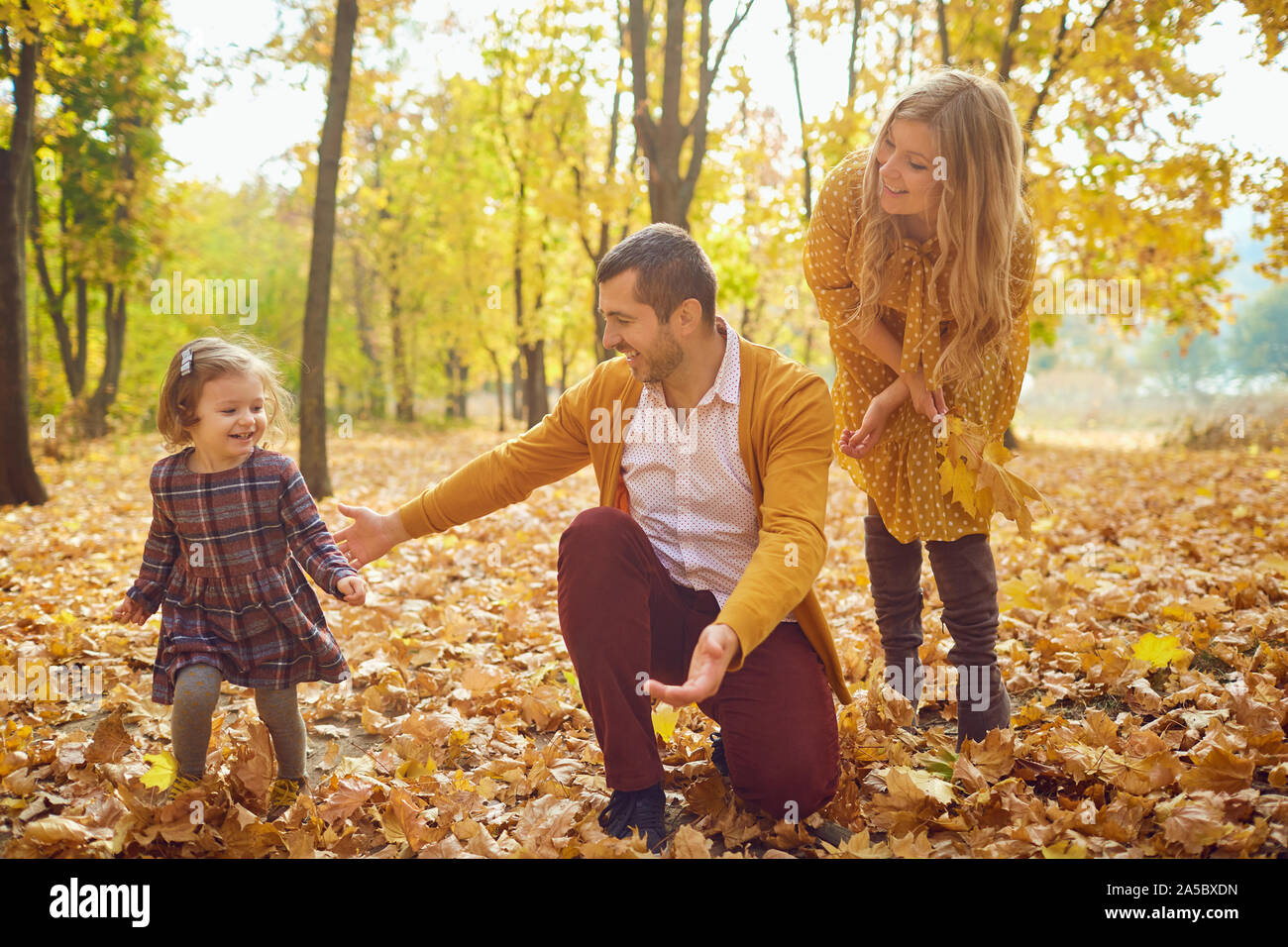 Family playing in the park in the fall. Stock Photo