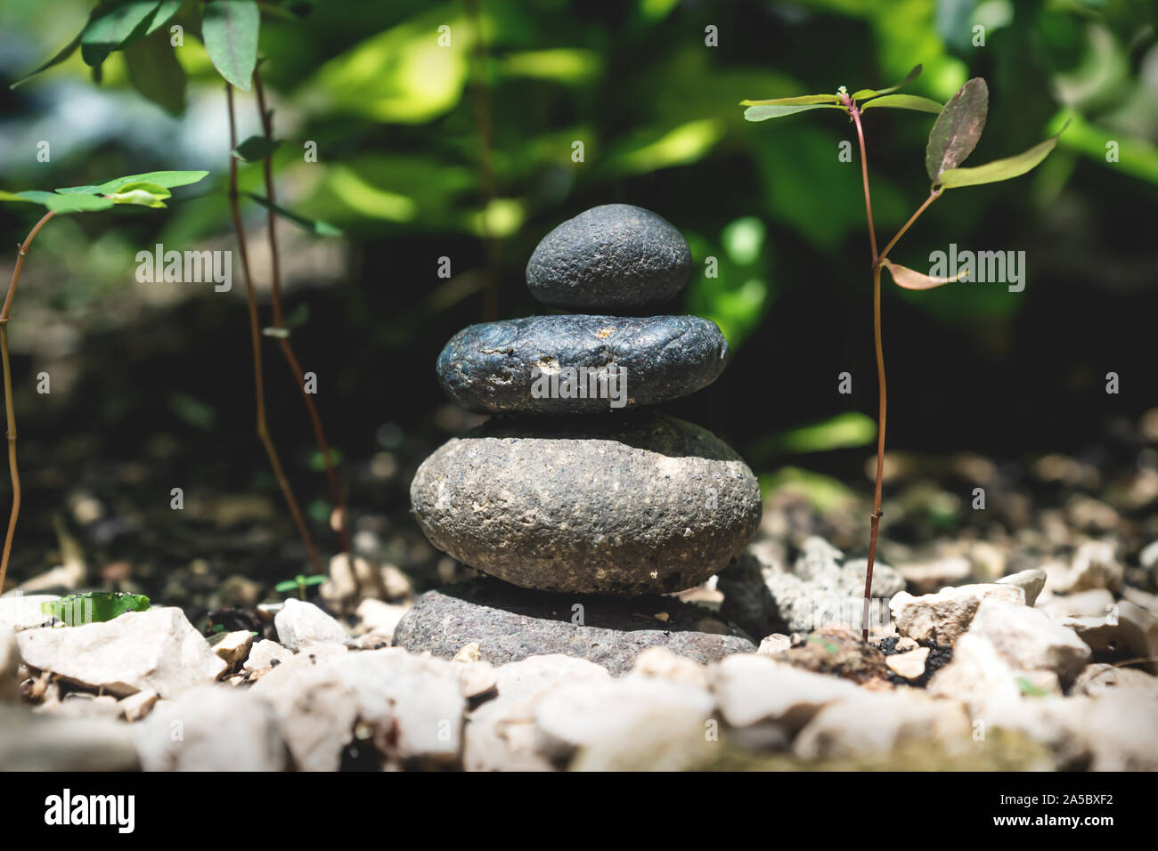 Zen balanced stone tower in a natural garden with green plants in the background Stock Photo