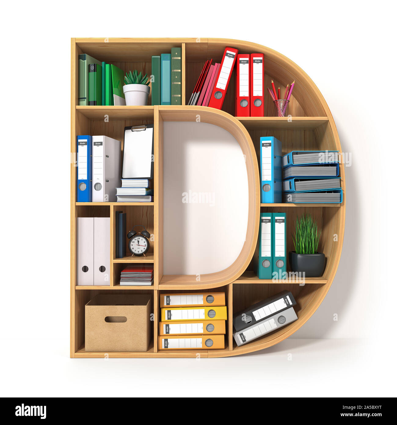 Letter D. Alphabet in the form of shelves with file folder, binders and books isolated on white. Archival, stacks of documents at the office or librar Stock Photo
