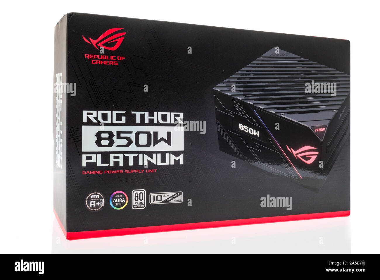 Winneconne, WI - 4 October 2019: A package of ASUS gaming power supply unit platinum republic of gamers computer parts Stock Photo