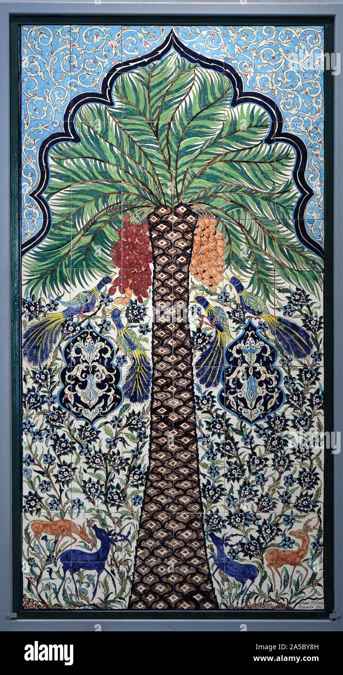 Tiled panel featuring date tree entitled The temptation of the dates created in the 1990s  by Armenian ceramicist and artist Marie Balian. Israel Stock Photo