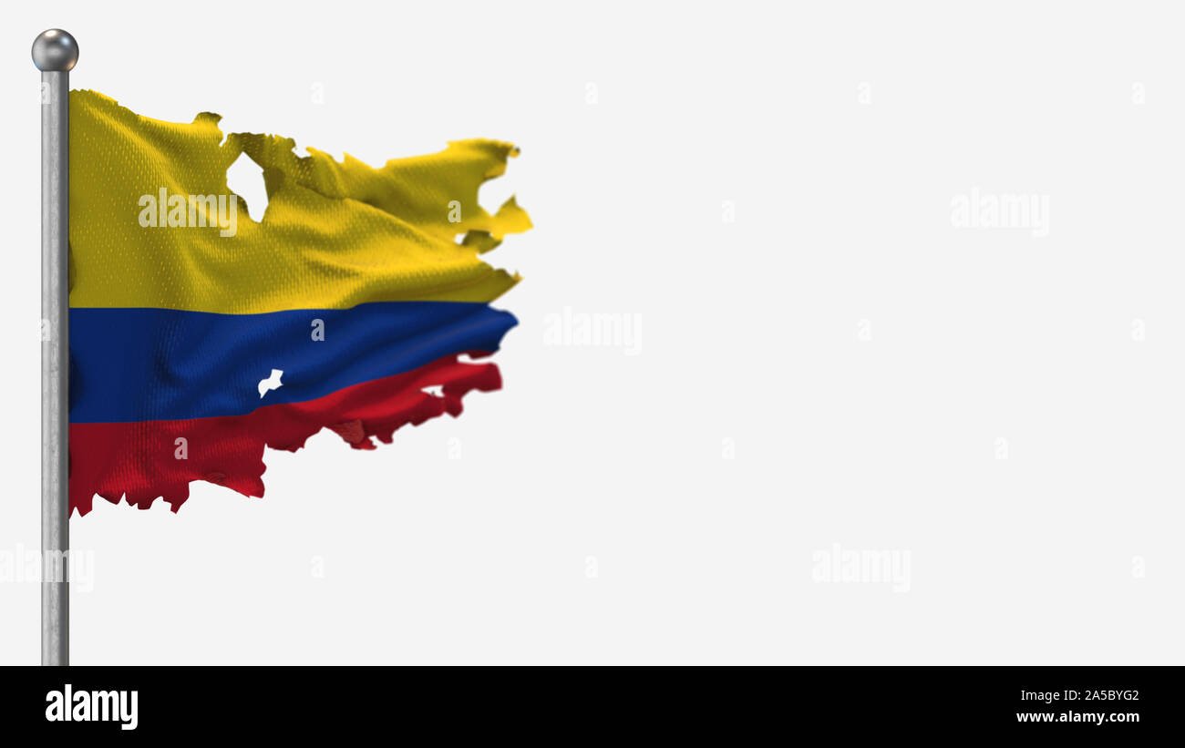 Colombia 3D tattered waving flag illustration on Flagpole. Isolated on white background with space on the right side. Stock Photo