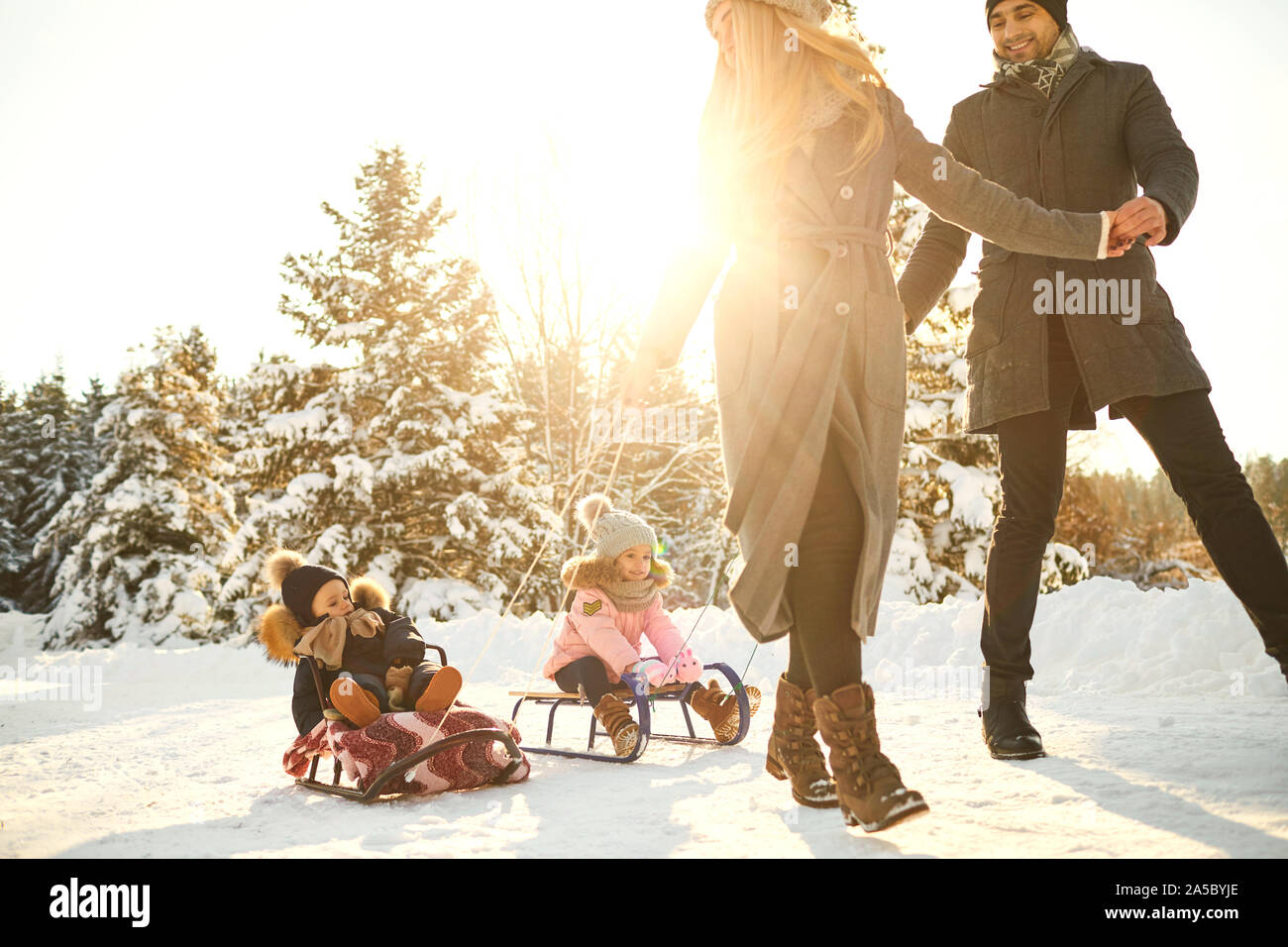 Happy family sledding in the park in winter Stock Photo - Alamy