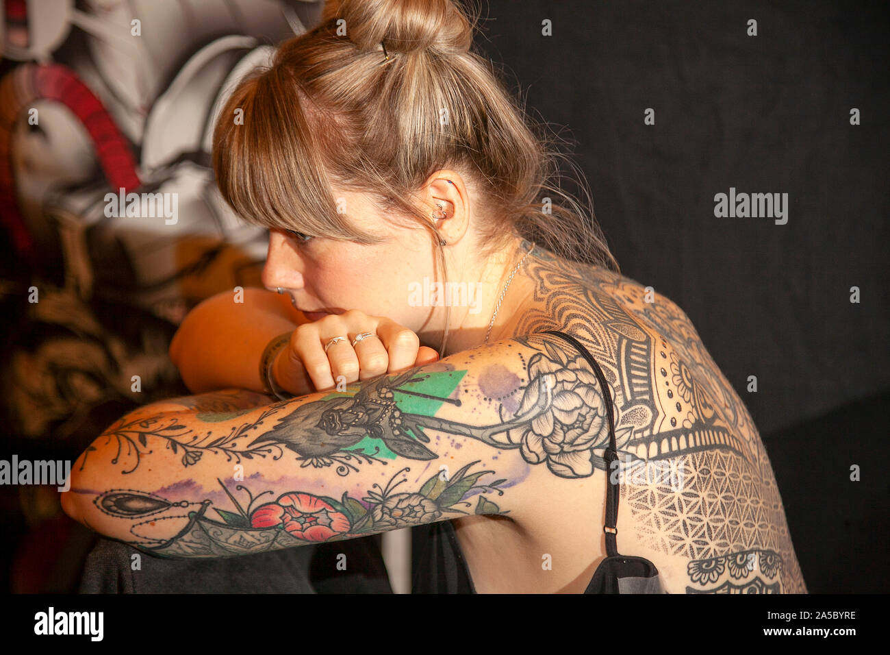 Liverpool, UK. 19th Oct, 2019.. Body tattoos at the Adelphi International Tattoo Covention.  UK national and international tattoo artists, staging the UK Tattoo Awards, tattoo competitions. Organised by Liverpool tattoo studio ‘Design 4 Life’, the Liverpool Tattoo Convention is regarded as a must-attend and well respected show in the industry, honouring tattoo culture, lifestyle and art. Credit: MediaWorldImages/AlamyLiveNews Stock Photo