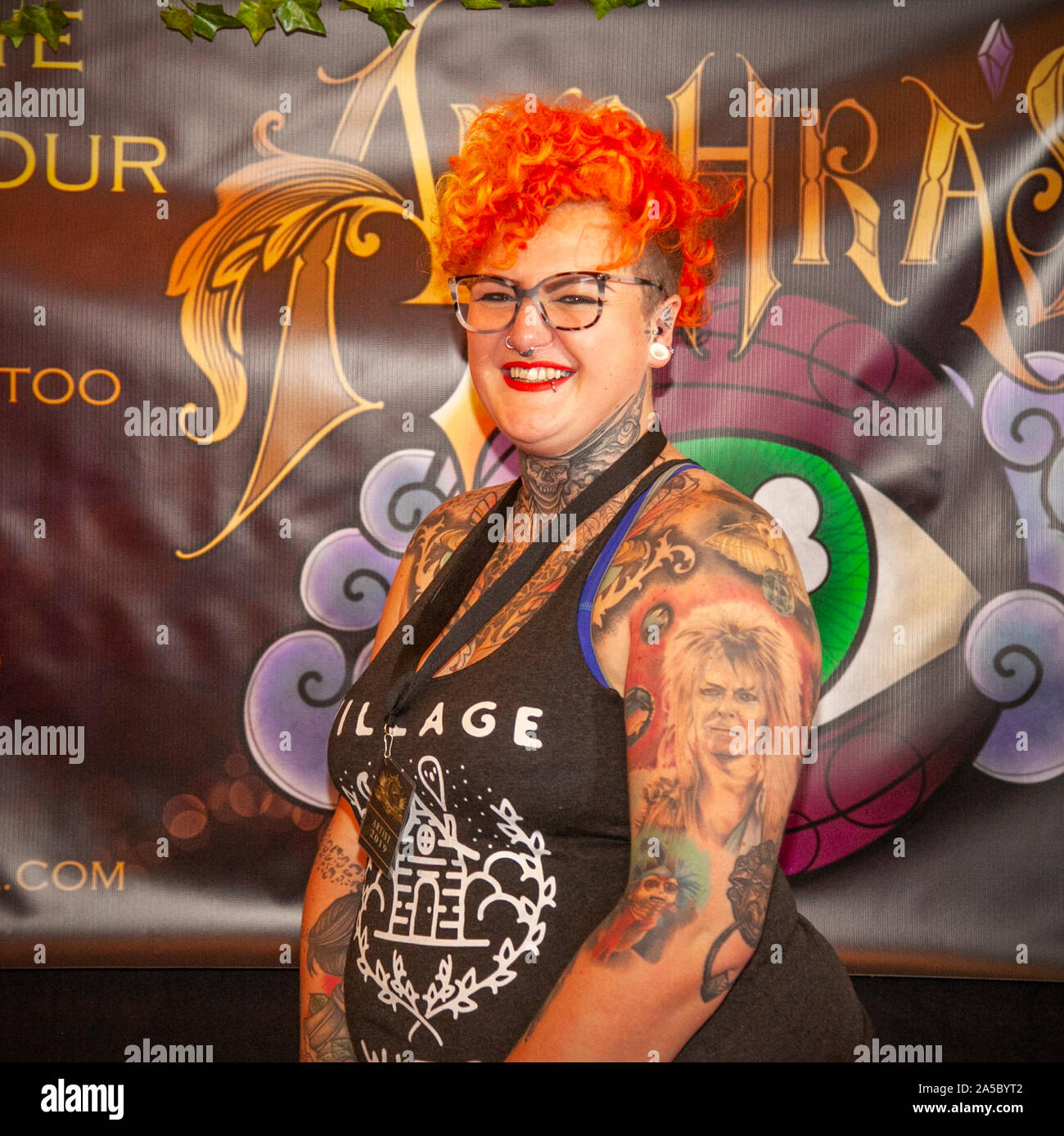 Female body tattoos in Liverpool, Merseyside, 19th October, 2019. Body tattoos at the Adelphi International Tattoo Convention. UK national and international tattoo artists, staging the UK Tattoo Awards, tattoo competitions. Organised by Liverpool tattoo studio ‘Design 4 Life’, the Liverpool Tattoo Convention is regarded as a must-attend and well respected show in the industry, honouring tattoo culture, lifestyle and art. Credit: MediaWorldImages/AlamyLiveNews Stock Photo